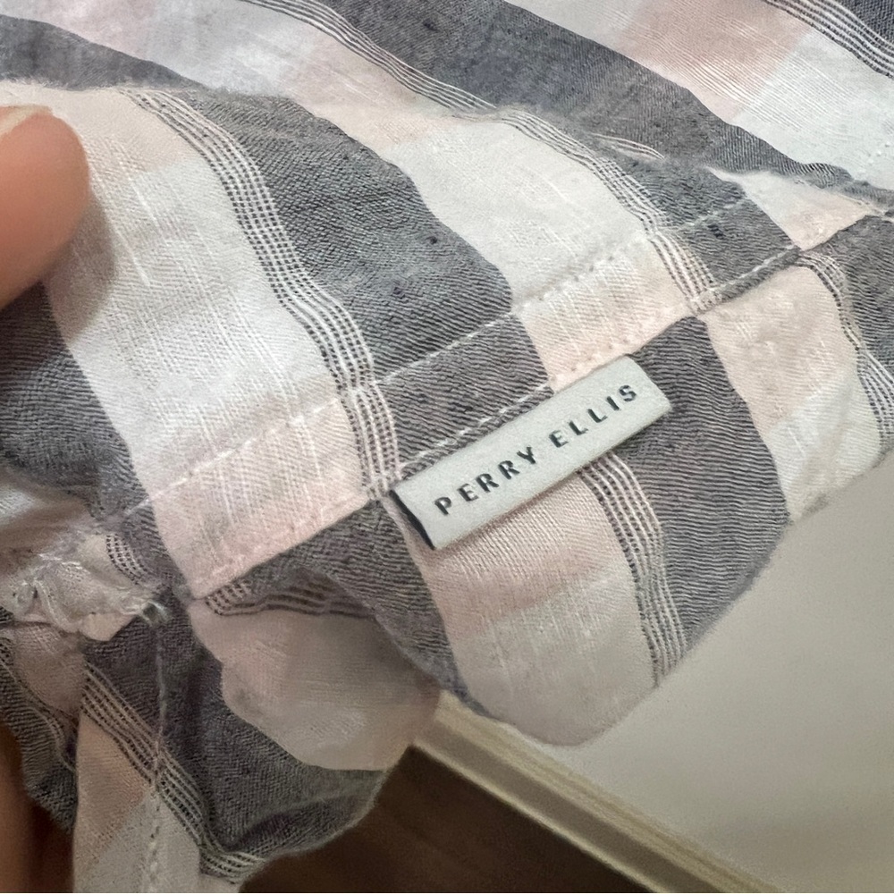 Perry Ellis short sleeve button down Linen Blend Grey White Pink Plaid Large - Picture 4 of 7